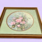 Original Signed Paula Thrift Pastel, Vintage Pink Rose Floral Art, Gold Frame