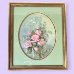 Original Signed Paula Thrift Pastel, Vintage Pink Rose Floral Art, Gold Frame