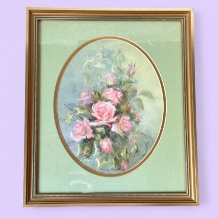 Original Signed Paula Thrift Pastel, Vintage Pink Rose Floral Art, Gold Frame