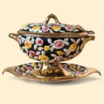 Vintage ELPA Alcobaça Tureen Set, Portuguese Majolica, Black & Gold Floral