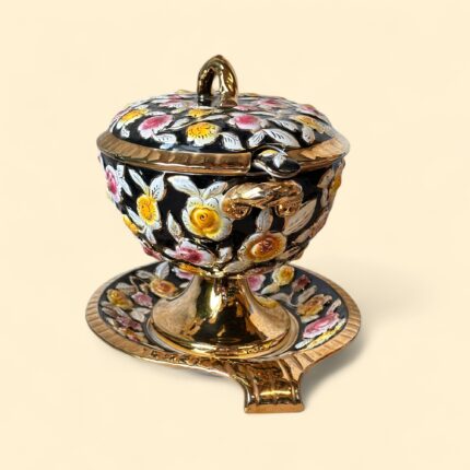 Vintage ELPA Alcobaça Tureen Set, Portuguese Majolica, Black & Gold Floral