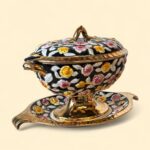 Vintage ELPA Alcobaça Tureen Set, Portuguese Majolica, Black & Gold Floral