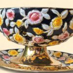 Vintage ELPA Alcobaça Tureen Set, Portuguese Majolica, Black & Gold Floral