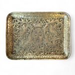 Vintage Indian Brass Tray, Hand Embossed Bird & Bee Motif, Rectangular Dish