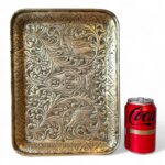 Vintage Indian Brass Tray, Hand Embossed Bird & Bee Motif, Rectangular Dish