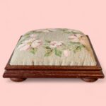 Vintage Floral Needlepoint Footstool, Antique Wooden Low Stool with Bun Feet