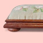 Vintage Floral Needlepoint Footstool, Antique Wooden Low Stool with Bun Feet