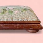 Vintage Floral Needlepoint Footstool, Antique Wooden Low Stool with Bun Feet