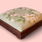 Vintage Floral Needlepoint Footstool, Antique Wooden Low Stool with Bun Feet