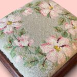 Vintage Floral Needlepoint Footstool, Antique Wooden Low Stool with Bun Feet