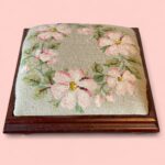 Vintage Floral Needlepoint Footstool, Antique Wooden Low Stool with Bun Feet