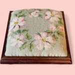 Vintage Floral Needlepoint Footstool, Antique Wooden Low Stool with Bun Feet