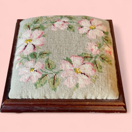 Vintage Floral Needlepoint Footstool, Antique Wooden Low Stool with Bun Feet