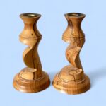 Vintage Spalted Wood Candlestick Pair, Handmade Rustic Barley Twist Taper Holders