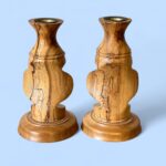 Vintage Spalted Wood Candlestick Pair, Handmade Rustic Barley Twist Taper Holders