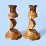 Vintage Spalted Wood Candlestick Pair, Handmade Rustic Barley Twist Taper Holders