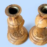 Vintage Spalted Wood Candlestick Pair, Handmade Rustic Barley Twist Taper Holders