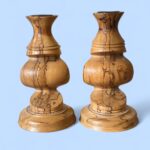 Vintage Spalted Wood Candlestick Pair, Handmade Rustic Barley Twist Taper Holders