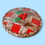 Vintage 60s Ceramic Cherry Pie Dish, Retro Pie Keeper with Lattice Lid