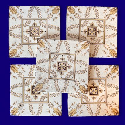 Antique Minton Victorian Tiles, 1891 Floral Transferware, Set of 5, Yellow