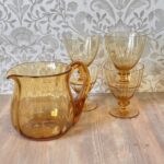 Vintage 1970s Amber Glass Pitcher Set, Retro French Style Water Jug & 4 Goblets