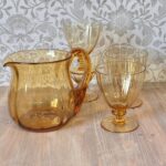 Vintage 1970s Amber Glass Pitcher Set, Retro French Style Water Jug & 4 Goblets