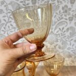 Vintage 1970s Amber Glass Pitcher Set, Retro French Style Water Jug & 4 Goblets