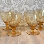 Vintage 1970s Amber Glass Pitcher Set, Retro French Style Water Jug & 4 Goblets