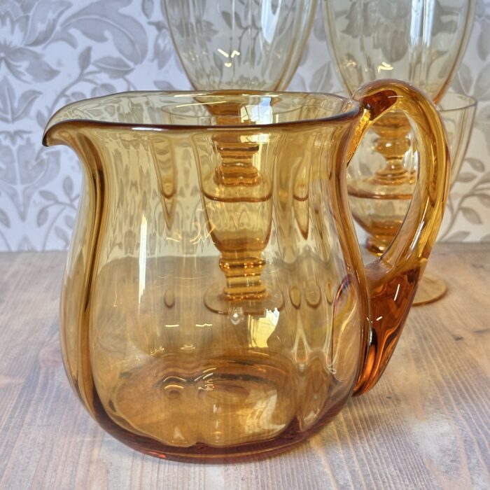 Vintage 1970s Amber Glass Pitcher Set, Retro French Style Water Jug & 4 Goblets