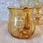 Vintage 1970s Amber Glass Pitcher Set, Retro French Style Water Jug & 4 Goblets