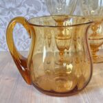 Vintage 1970s Amber Glass Pitcher Set, Retro French Style Water Jug & 4 Goblets