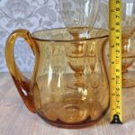 Vintage 1970s Amber Glass Pitcher Set, Retro French Style Water Jug & 4 Goblets