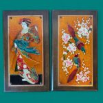 Vintage 1970s Greek Copper Enamel Wall Art, AETHRA Pair, Chinoiserie Plaques