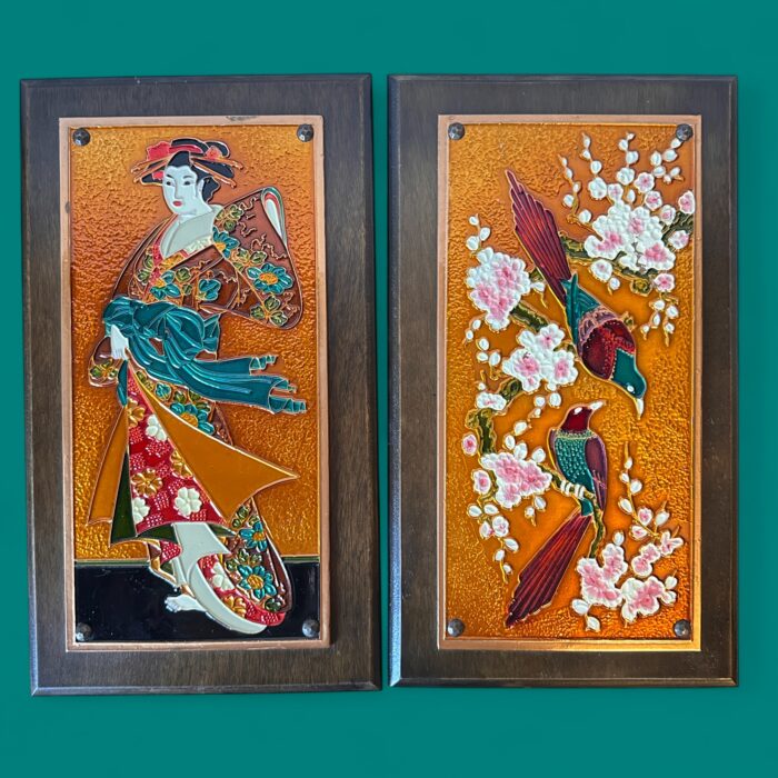 Vintage 1970s Greek Copper Enamel Wall Art, AETHRA Pair, Chinoiserie Plaques