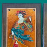 Vintage 1970s Greek Copper Enamel Wall Art, AETHRA Pair, Chinoiserie Plaques