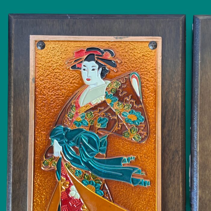 Vintage 1970s Greek Copper Enamel Wall Art, AETHRA Pair, Chinoiserie Plaques