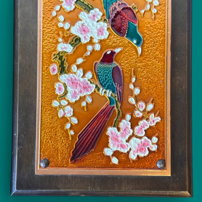 Vintage 1970s Greek Copper Enamel Wall Art, AETHRA Pair, Chinoiserie Plaques