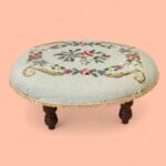 Vintage Floral Needlepoint Footstool, Small Oval Tapestry Stool, Cottage Decor