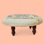 Vintage Floral Needlepoint Footstool, Small Oval Tapestry Stool, Cottage Decor