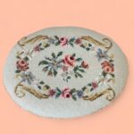 Vintage Floral Needlepoint Footstool, Small Oval Tapestry Stool, Cottage Decor