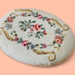 Vintage Floral Needlepoint Footstool, Small Oval Tapestry Stool, Cottage Decor