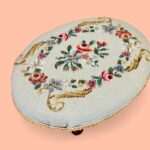 Vintage Floral Needlepoint Footstool, Small Oval Tapestry Stool, Cottage Decor