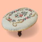 Vintage Floral Needlepoint Footstool, Small Oval Tapestry Stool, Cottage Decor
