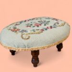Vintage Floral Needlepoint Footstool, Small Oval Tapestry Stool, Cottage Decor